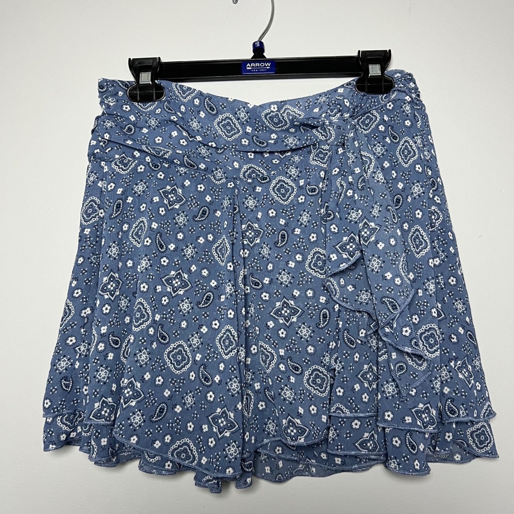 Aerie Blue Paisley Ruffle Wrap Mini Skirt Size Large Fairy‎ Romantic Whimsical